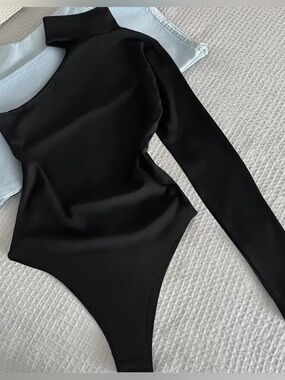 Black One Shoulder Bodysuit High Neck Long Sleeve Asymmetrical Sexy Top